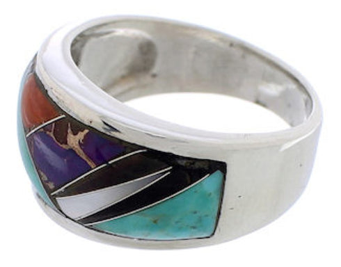 Southwestern Multicolor Inlay Silver Ring Size 6-3/4 EX50964